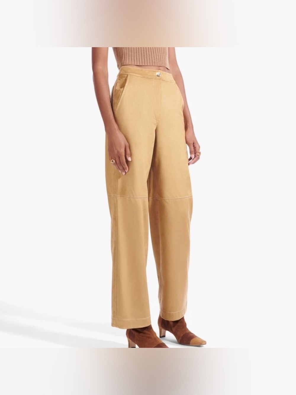 STAUD Suede Straight Leg Pants Seamed Vegan Faux Leather Soft Bottoms Camel